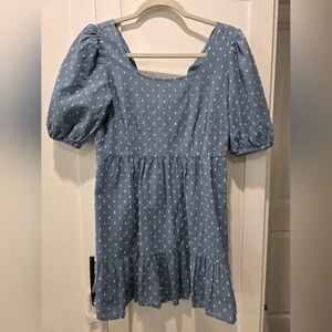 Blue Puff Sleeve Mini Dress with White Dots